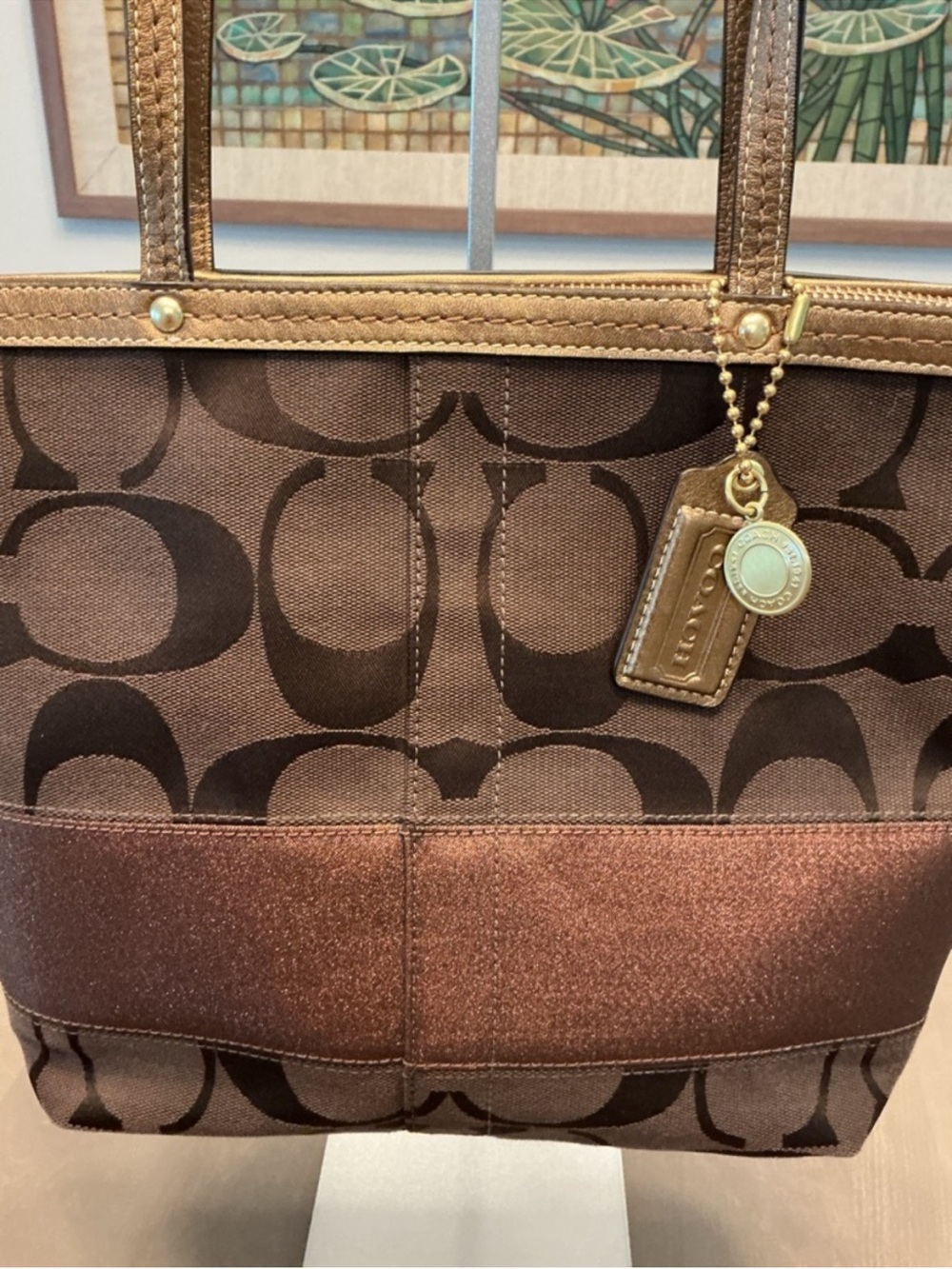 Coach Y2K Signature Stripe Tote Bag Dark Brown Metallic Bronze Trim F13548 EUC - Picture 2 of 10